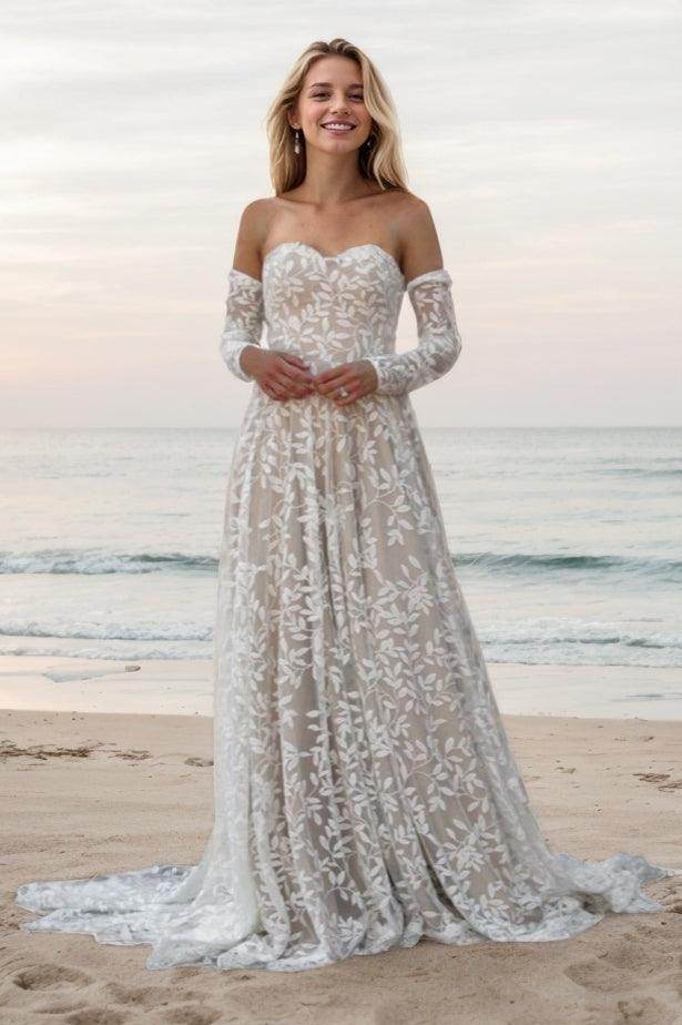 A-Line Sweep-Brush Train Lace Wedding Dress CW3524 - COCOMELODY